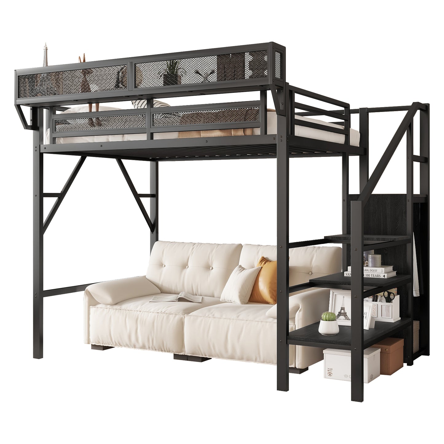 Twin Size Loft Bed with Stairs, Metal Full Loft Bed with Storage Shelves, High Loft Bed with Wardrobe for Kids Teens, Black(OLD SKU W2580S00035) image 6
