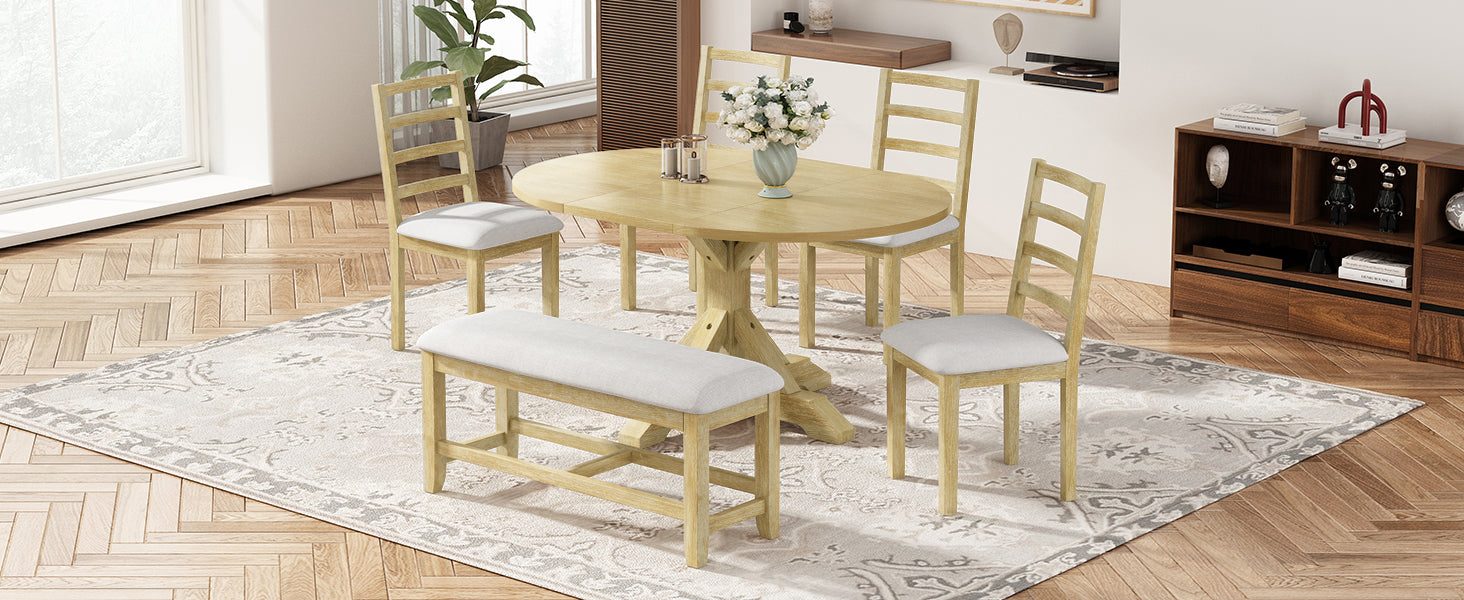 TOPMAX Farmhouse 6-Piece 60inch Extendable Pedestal Dining Table Set with 18inch Removable Leaf, 44inch Bench and 4 Ladder Back Dining Chairs, Natural+Beige(OLD SKU:SP000060AAA) image 2