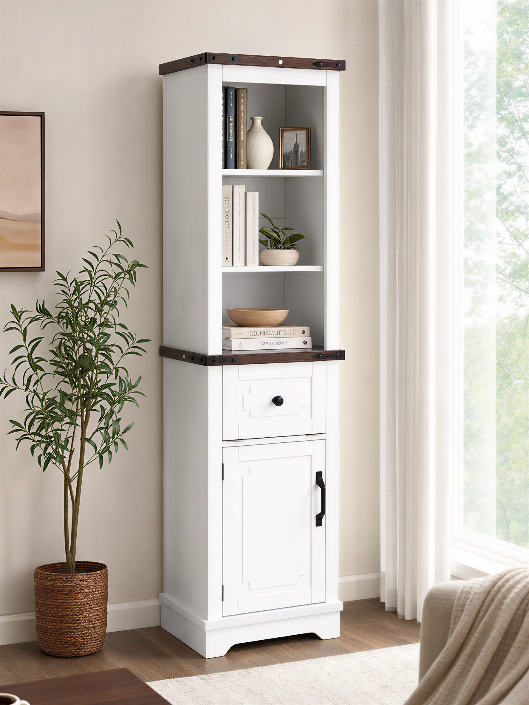 Narrow farmhouse storage cabinet white with black walnut top front view