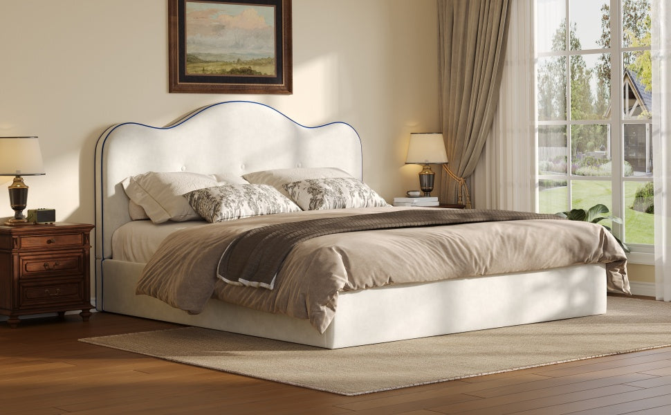 Queen Size Upholstered Platform Bed, Beige image 3
