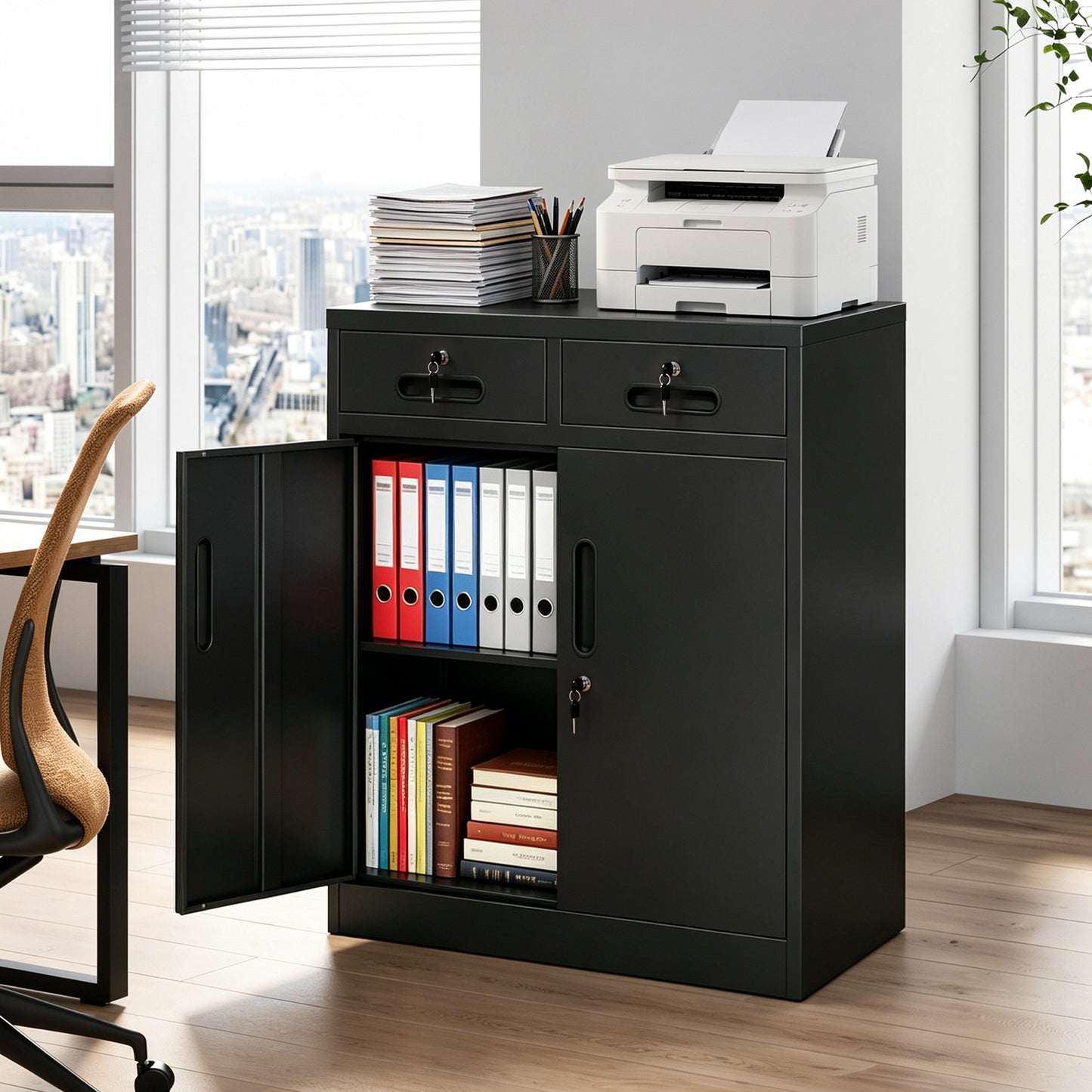 Metal Storage Cabinet with Lock and Two Drawers, 2-Door Office Storage Cabinet with 1 Adjustable Shelves, Heavy Duty Steel File Cabinet for Home, Office, Garage, School (Black, 35.5"H) image 1