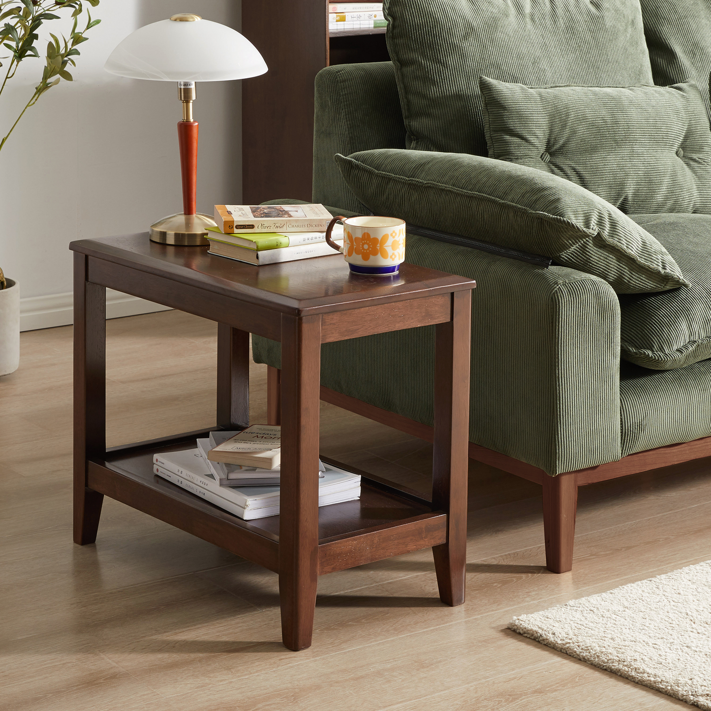 100% Solid Wood Rustic Side Table for Living Room,End Table with Storage Shelf 2-Tier Sofa Table for Living Room, Rubber Wood Indoor Plant Stand image 1