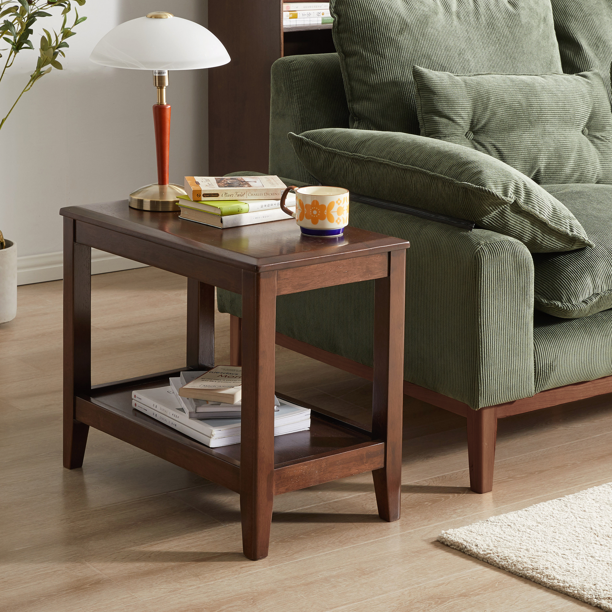 100% Solid Wood Rustic Side Table for Living Room,End Table with Storage Shelf 2-Tier Sofa Table for Living Room, Rubber Wood Indoor Plant Stand image 1