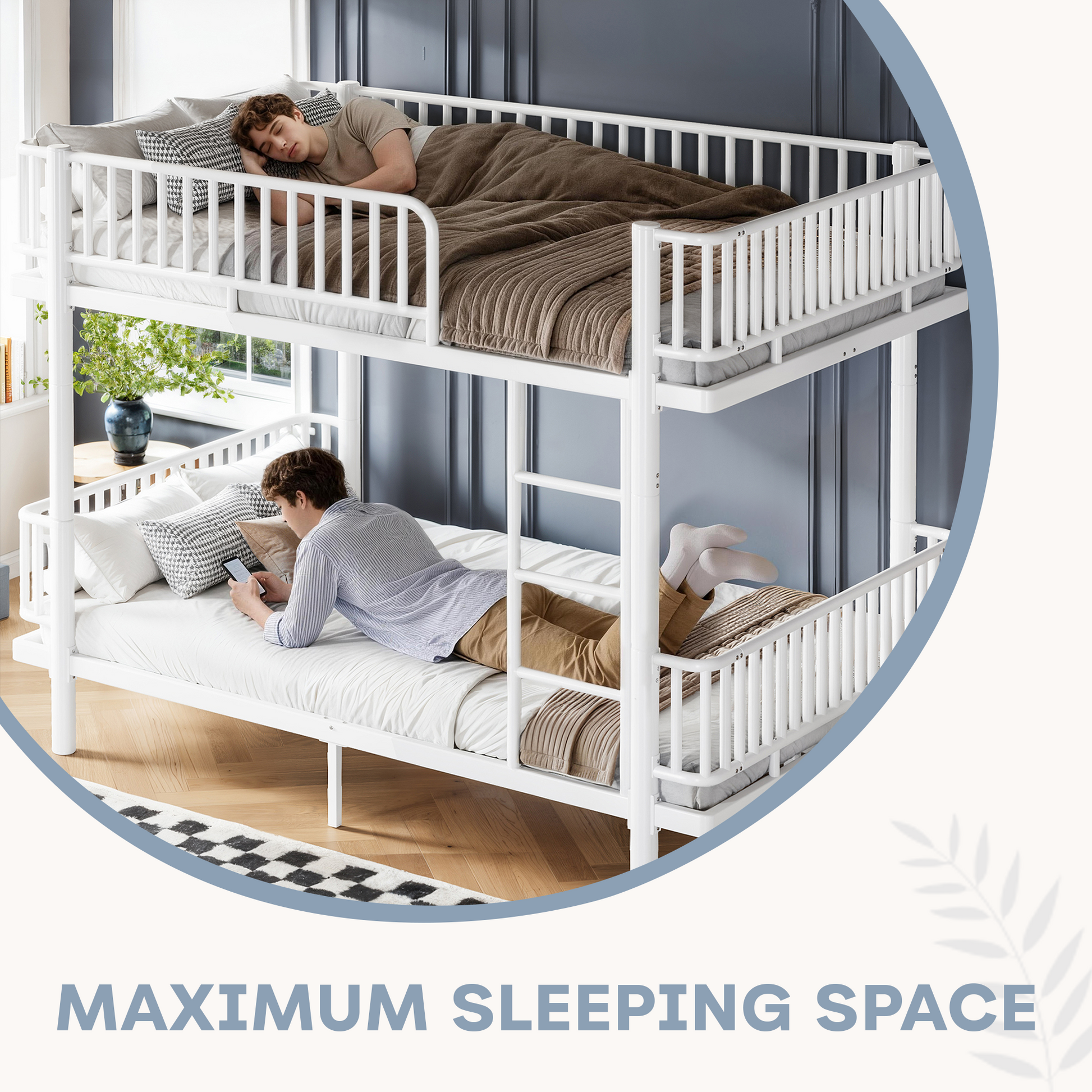 Queen over Queen Bunk Bed with Ladders & Guardrails, Metal Bunk Bed Frame with Upgraded Safety Round-Pipe Design, Can Transformed into 2 Platform Bed, White image 8