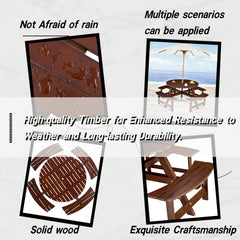 8-Person Outdoor Round Picnic Table Set with 4 Built-in Benches & Umbrella Hole - Perfect for Garden, Backyard, Porch & Patio - Brown Wood