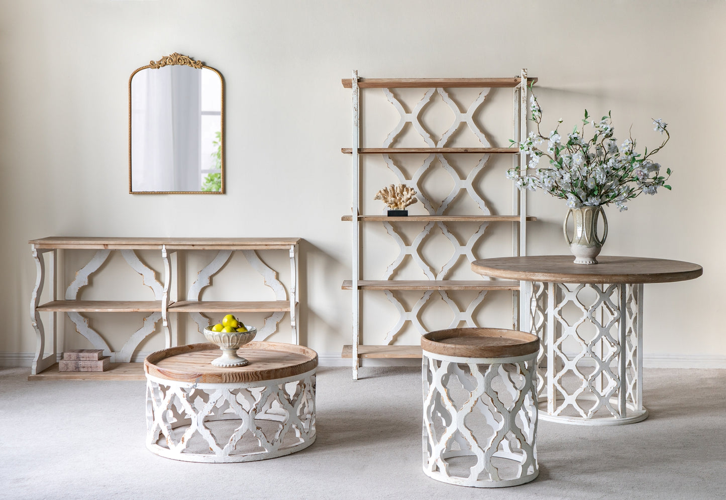 64.2x16.5x33.5" Three-Tiered Wooden Console Table with Cut-Out Patterns, Brown/White image 8