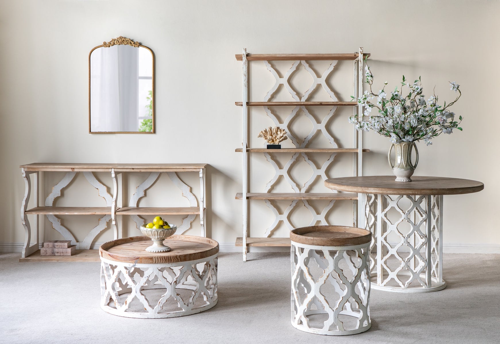 64.2x16.5x33.5" Three-Tiered Wooden Console Table with Cut-Out Patterns, Brown/White image 8