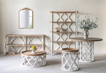 64.2x16.5x33.5" Three-Tiered Wooden Console Table with Cut-Out Patterns, Brown/White image 8