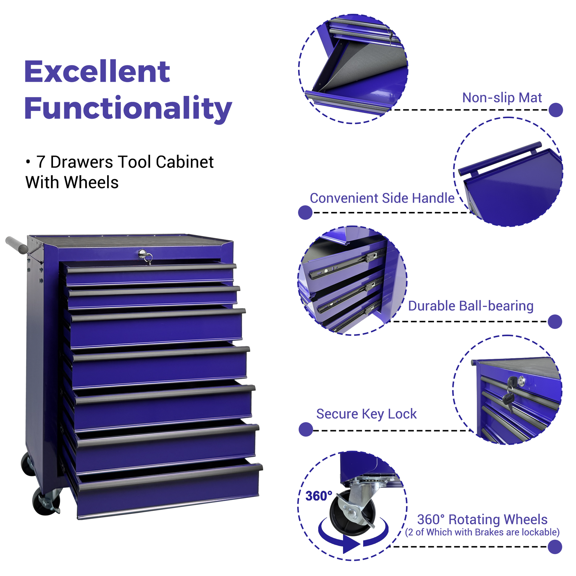 Rolling Metal Tool Chest with 7 Drawers, 20" 7-Drawer Tool Chest Cabinet with Ball Bearing Drawer Slides, Steel Tool Storage Box Organizer -PURPLE image 6