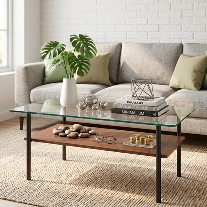 Modern glass coffee table for living room, rectangular tempered glass top, black metal legs with wooden shelf. Easy to clean, stylish center table 38.6 × 22.8 × 17.7 inches image 4