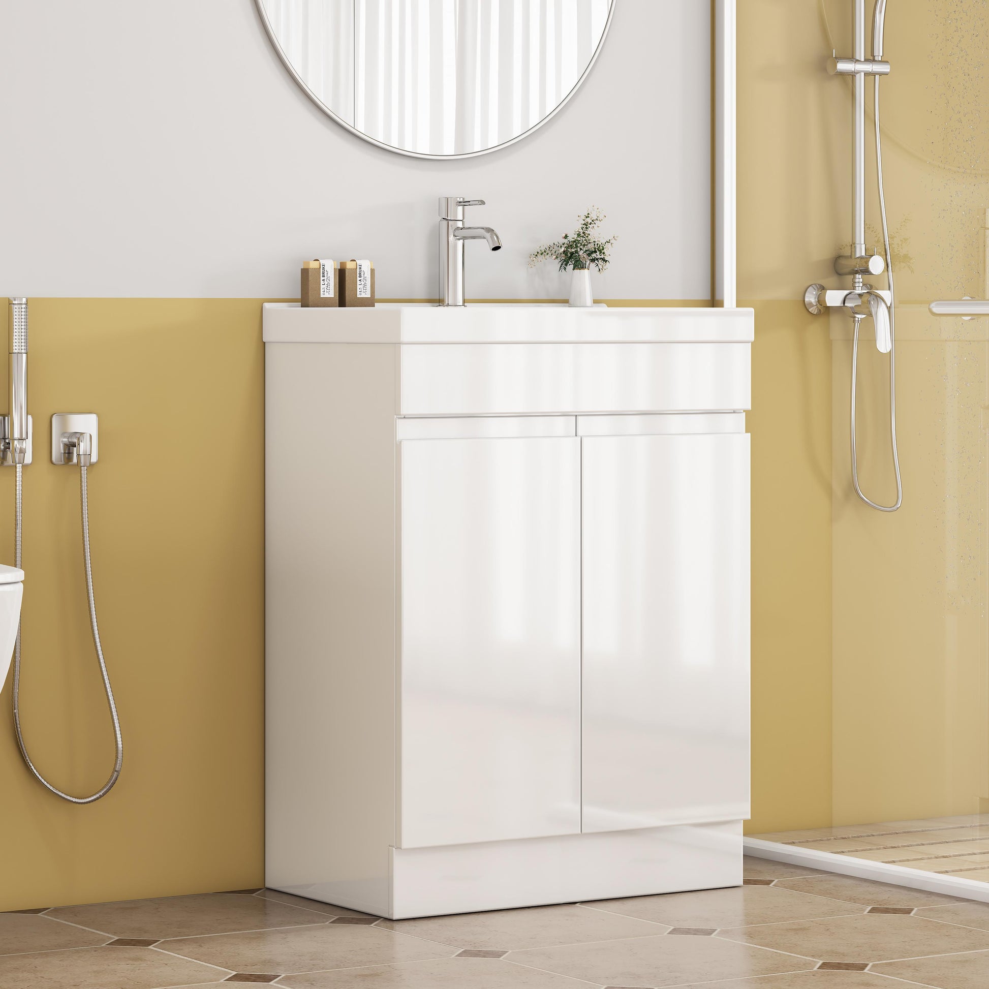 24-Inch Bathroom Vanity With Sink Combo, 2 Doors Bathroom Cabinet, With Shelf,Handle Free Design,Unique Thick-Edged Ceramic Basin,Soft Close System Hinge,Easy Assemble,Glossy White image 1