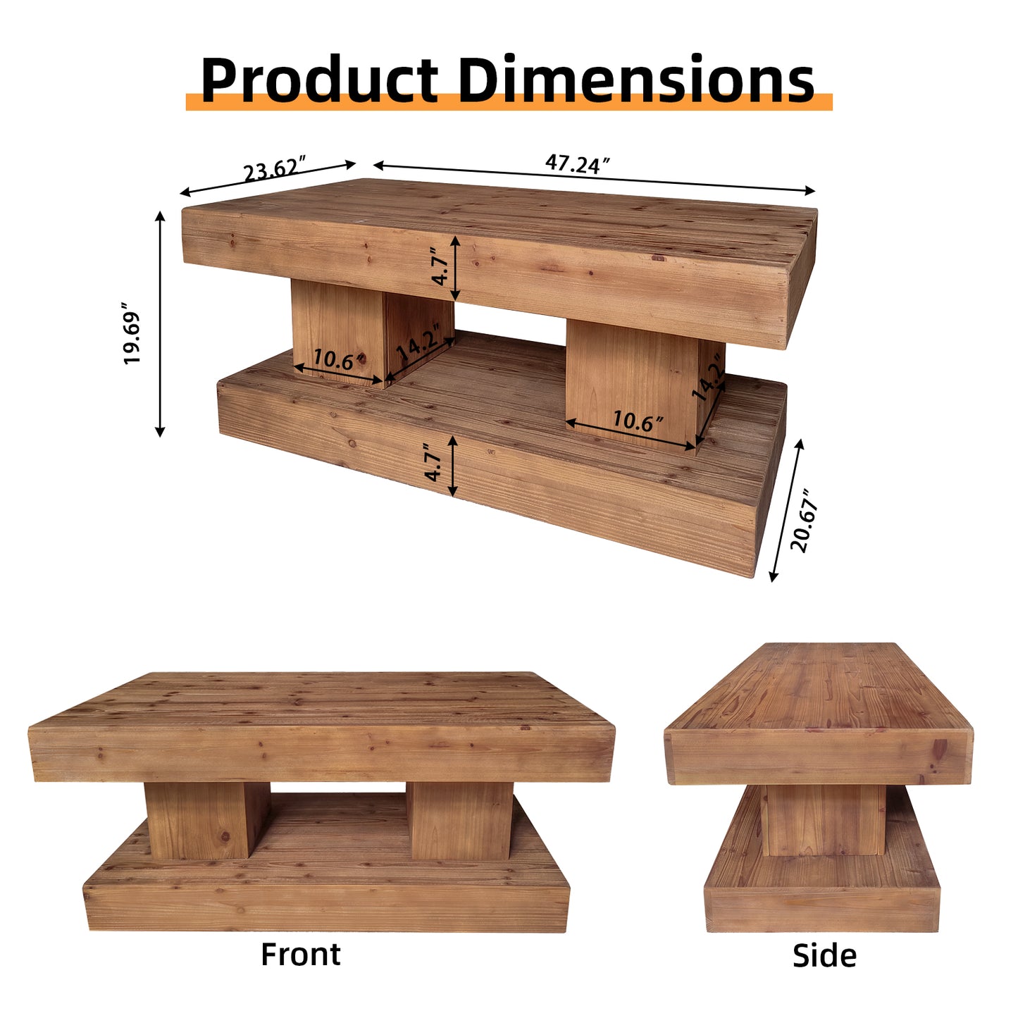 47.24"Natural solid wood coffee table with thick top and double pillar base. Classic rustic & minimalist style, sturdy and practical. image 7