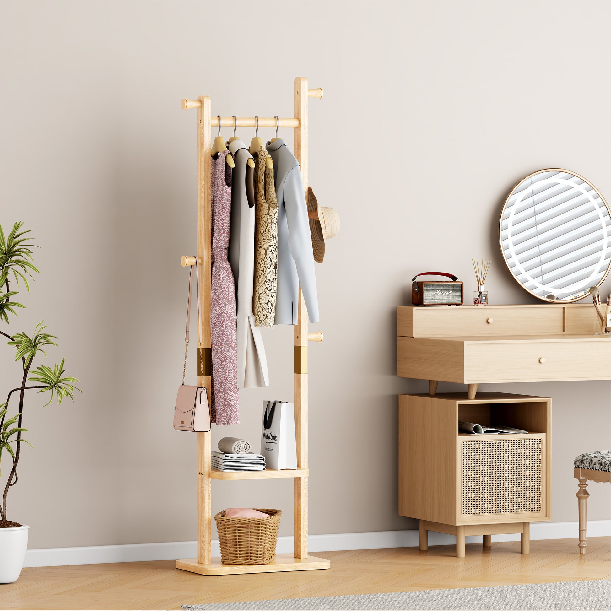 Coat Racks solid wood hanger 18.9* 11.8*71in Solid environmental protection easy to assemble beautiful can be placed in the bedroom/entrance/living room (wood color) image 1