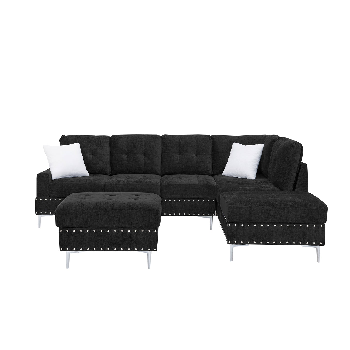 Sectional 3-Seaters Sofa with Chaise, Storage Ottoman, Metal Legs and Copper Nails,Two White Pillows,Black(102" x 76" x35") image 8