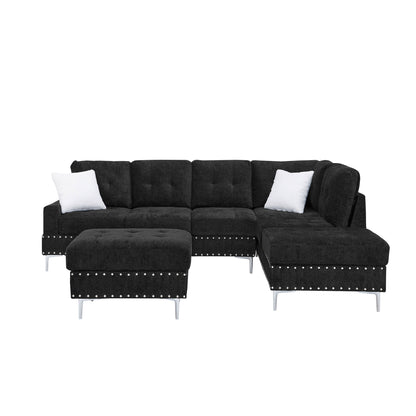 Sectional 3-Seaters Sofa with Chaise, Storage Ottoman, Metal Legs and Copper Nails,Two White Pillows,Black(102" x 76" x35") image 8
