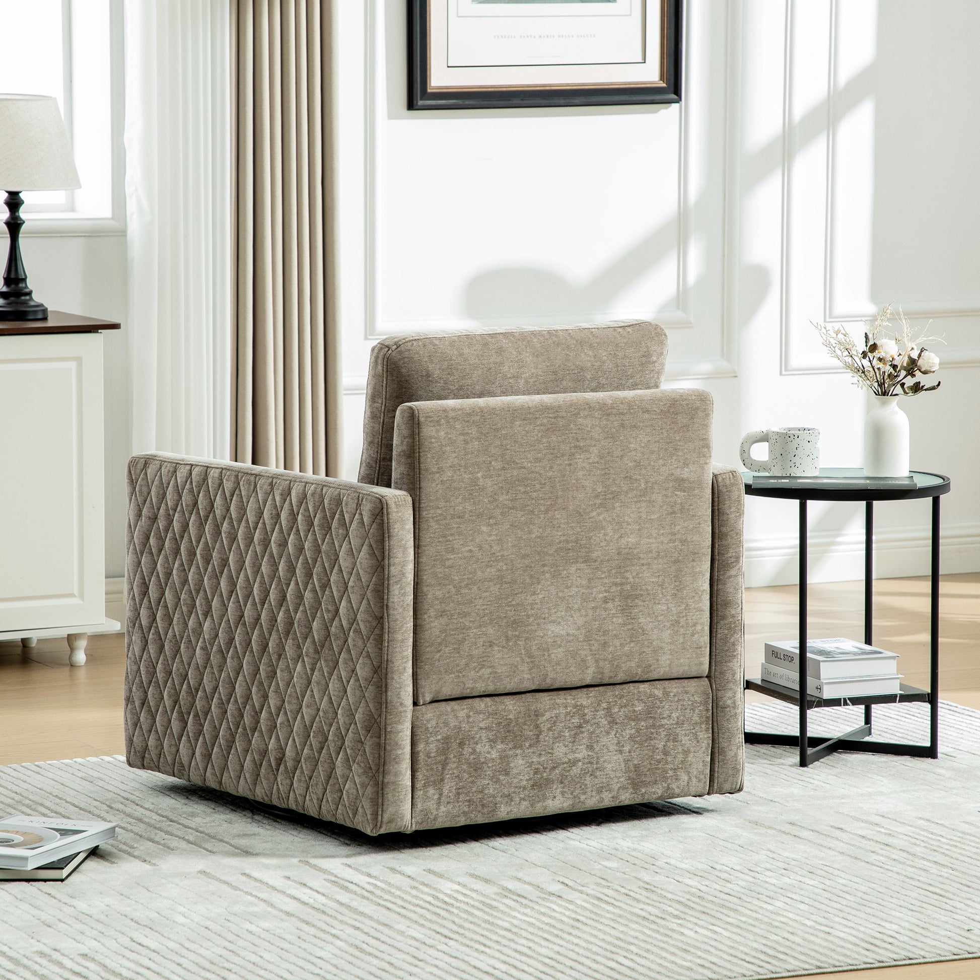 29.5''W Upholstered 360° Swivel Armchair with Hidden Storage, Comfy Diamond-Shape Tufted Armrests Accent Square Club Chair Single Sofa with Pillow for Living Room, Bedroom,Reading Nook,Corner, Taupe image 8