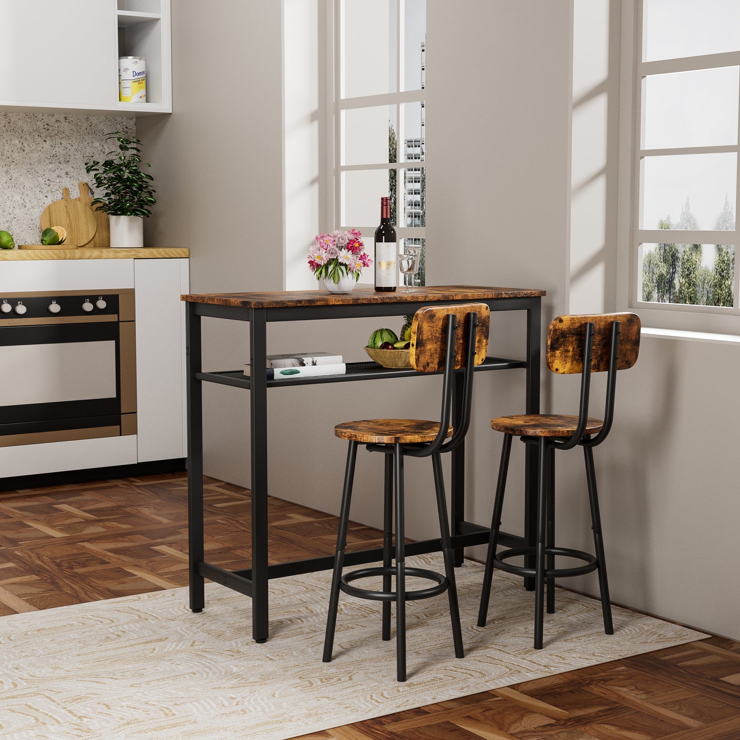 Bar table, equipped with 2 bar stools, with backrest and partition (Rustic Brown) image 2