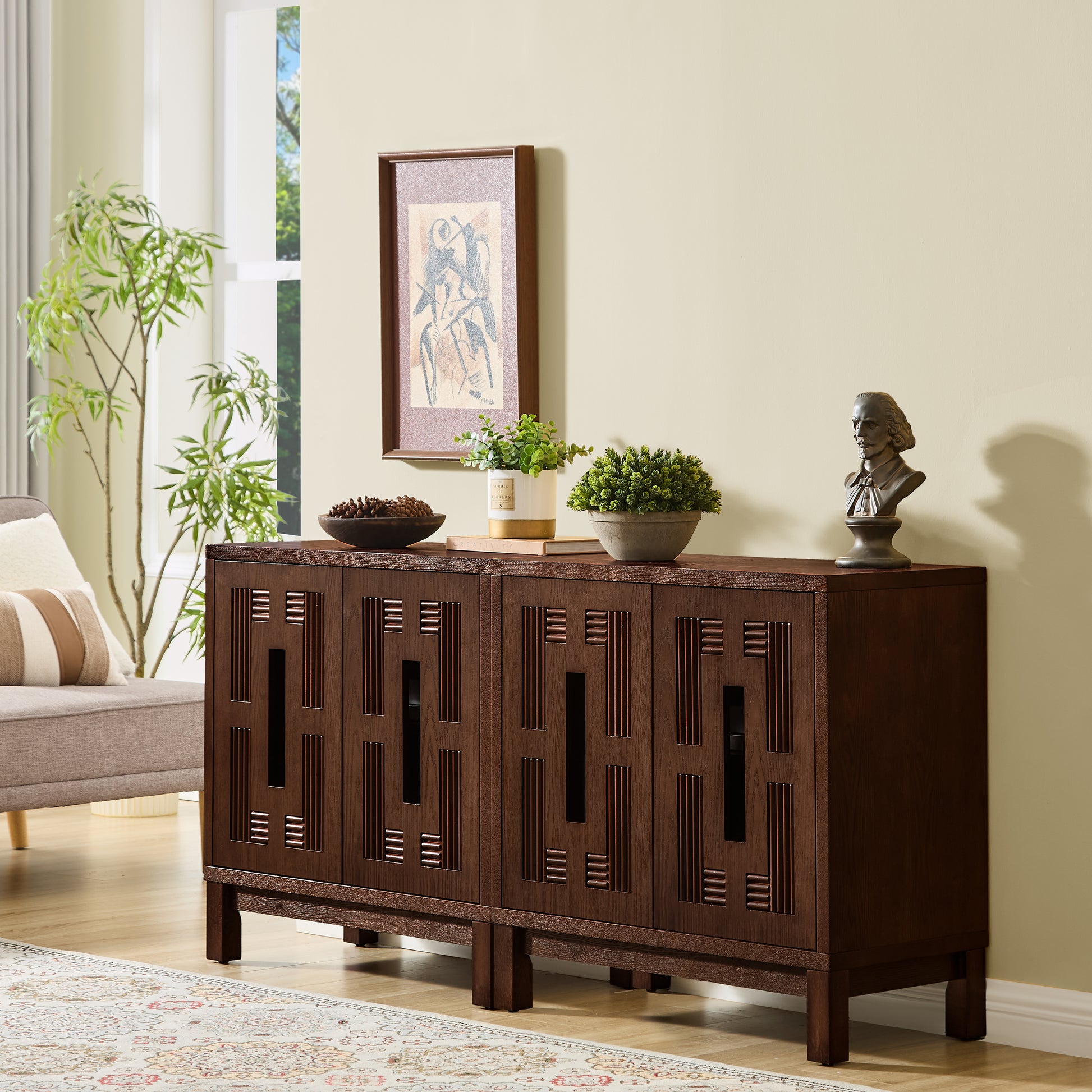 31.5" Mid Century Modern Sideboard Buffet Cabinet with Storage, Carved Openwork Design Display Cabinets, Storage Cabinet with 2 Doors & Adjustable Shelf for Kitchen Dining Living Room Entryway Hallway image 4