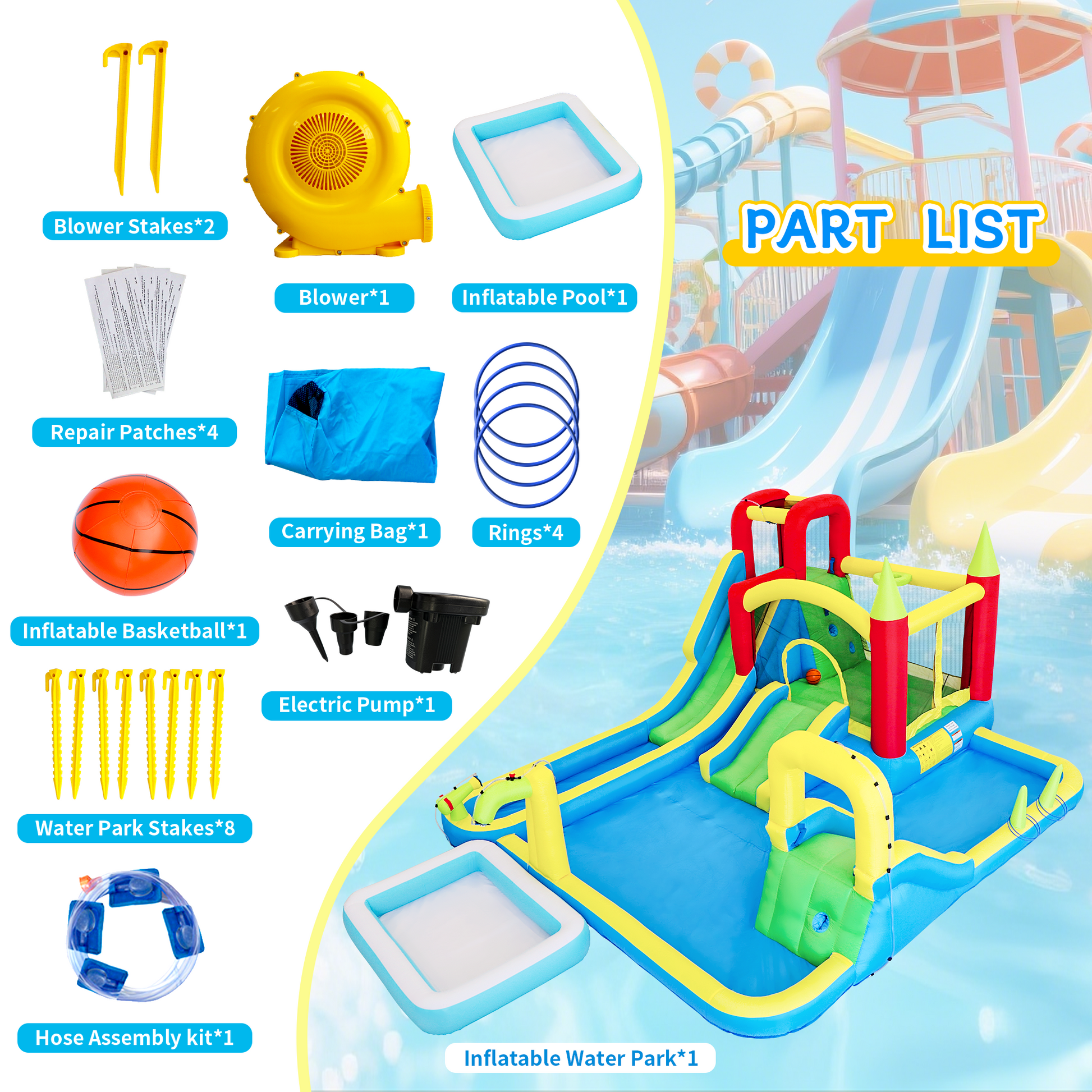 11 in1 Inflatable Slide Water Park Dry and Wet Slides Large Pool Water Gun Trampoline Climbing Wall Basketball Hoop and Ring Toss Game Outdoor Indoor Backyard Party Bounce Castle for Kids image 7