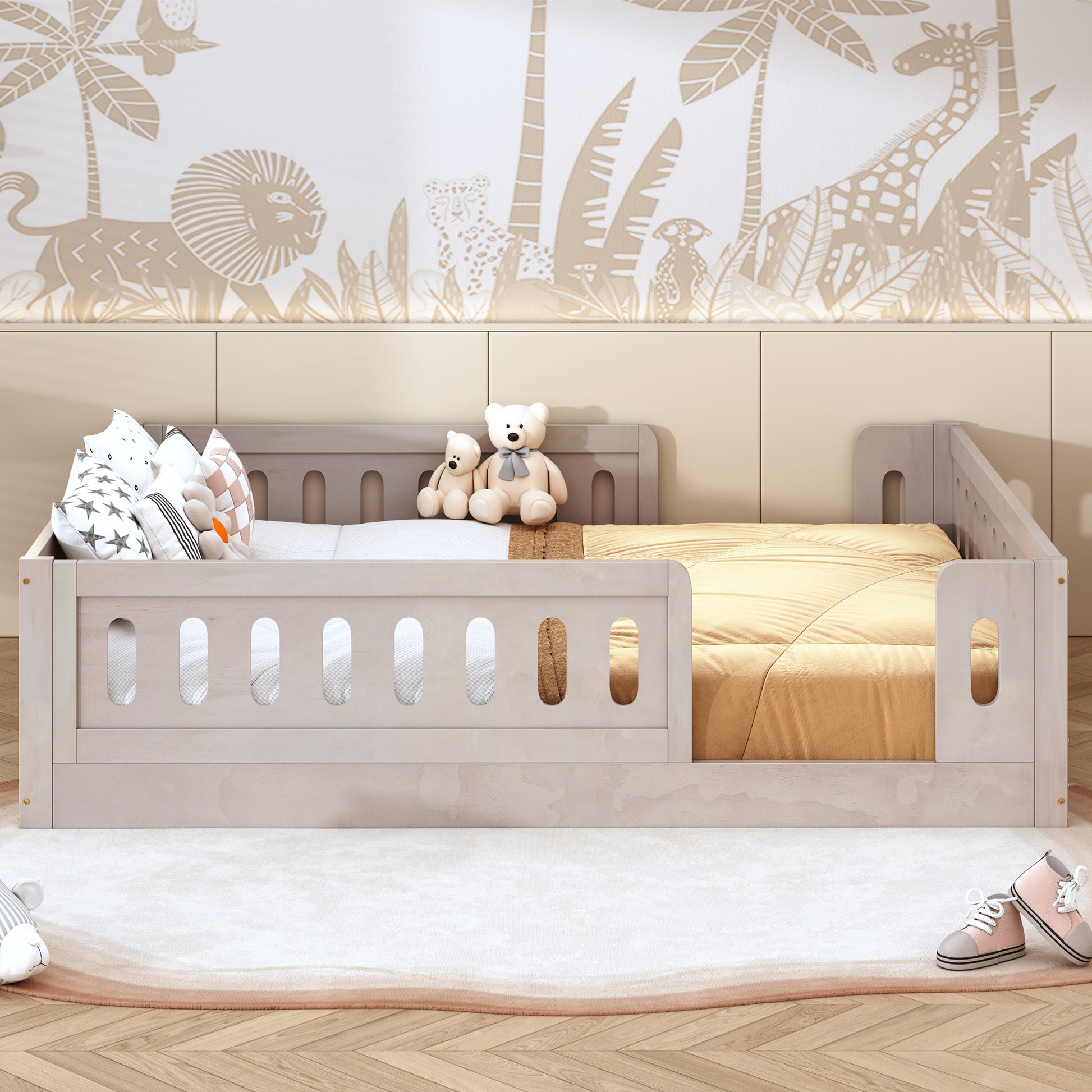 Wood Full Size Platform Bed with Guardrail, Natural image 3