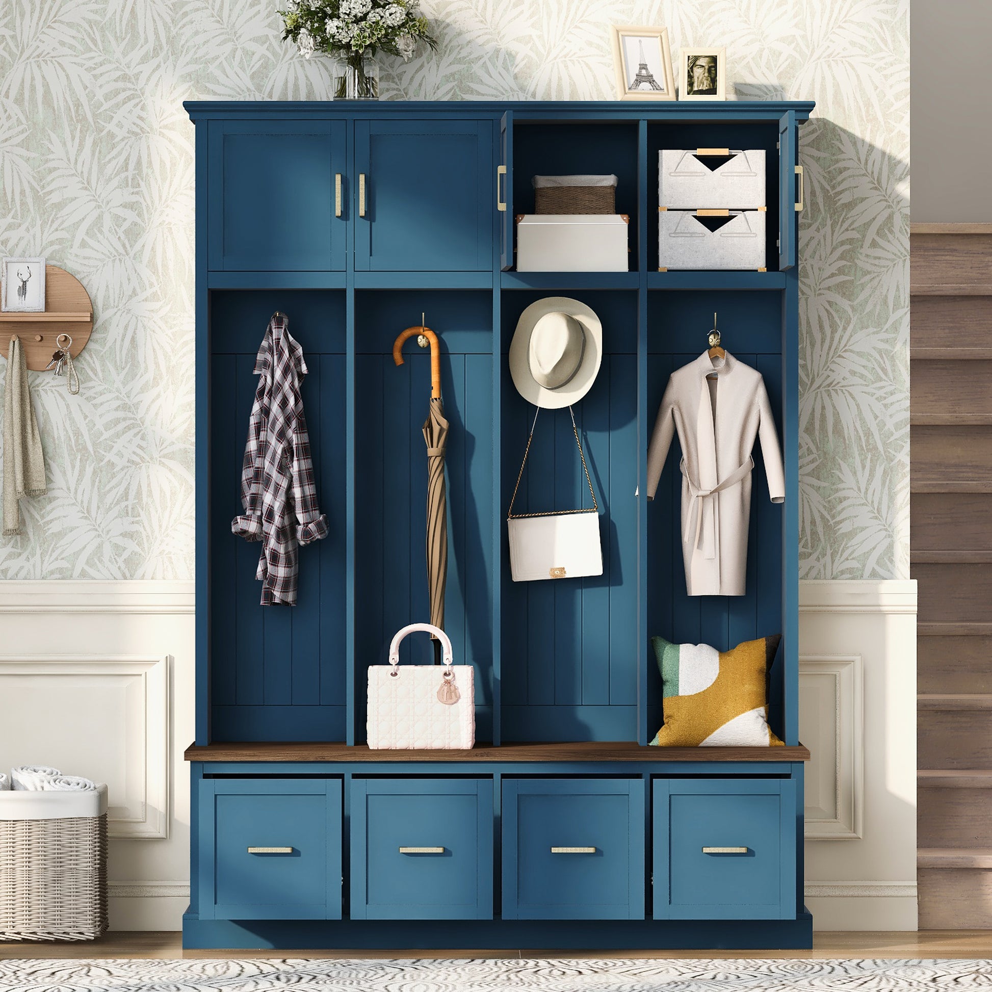 U-Can Farmhouse Entryway Hall Tree with Coat Hooks, Cabinets, and Drawers image 1