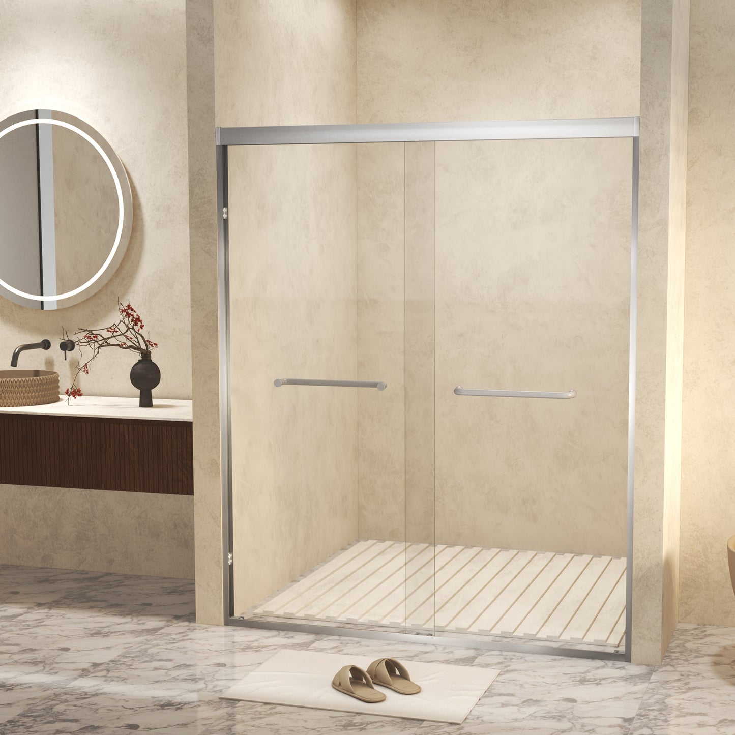 44-48" x 72" Tempered Glass with Explosion Proof Film, Aluminum Frame Double Sliding Shower Door, "1/4 (6 mm), Stainless Steel handle,Brushed Nickel image 3