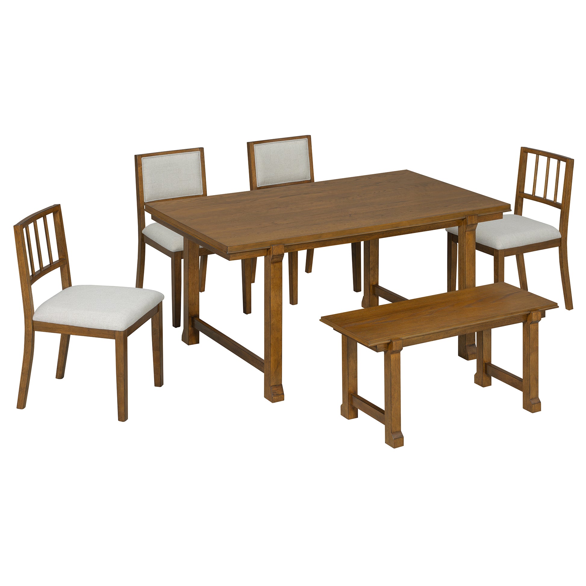 TREXM 6-Piece Farmhouse Dining Set for 6, Kitchen & Dining Room Sets with Solid Wood Legs and Frame, Ergonomic Dual-Style Chairs, Ideal for Kitchen & Dining Room (Walnut+ Beige) image 7