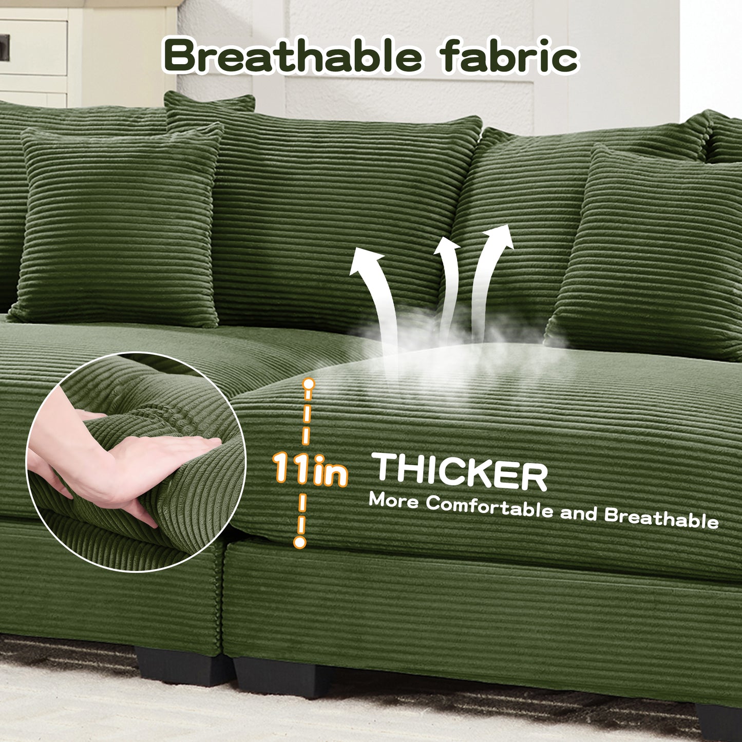 92" Oversized Cloud Modular L-Shape Sectional Couch, Soft Corduroy Fabric, with Chaise, Deep Seat Wide Armrests, Ergonomic Design, 6 Throw Pillows, Easy Assembly, for Living Rooms, Lounges,Green image 5