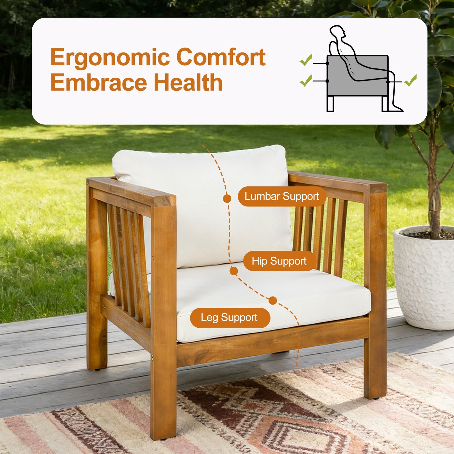 Set of 2 Outdoor Acacia Wood Club Chairs with Modern Square Arms, 2-Piece Patio Conversation Set with Thick Cushions, Adjustable Leveling Feet for Poolside, Backyard & Deck, Beige Cushions image 6