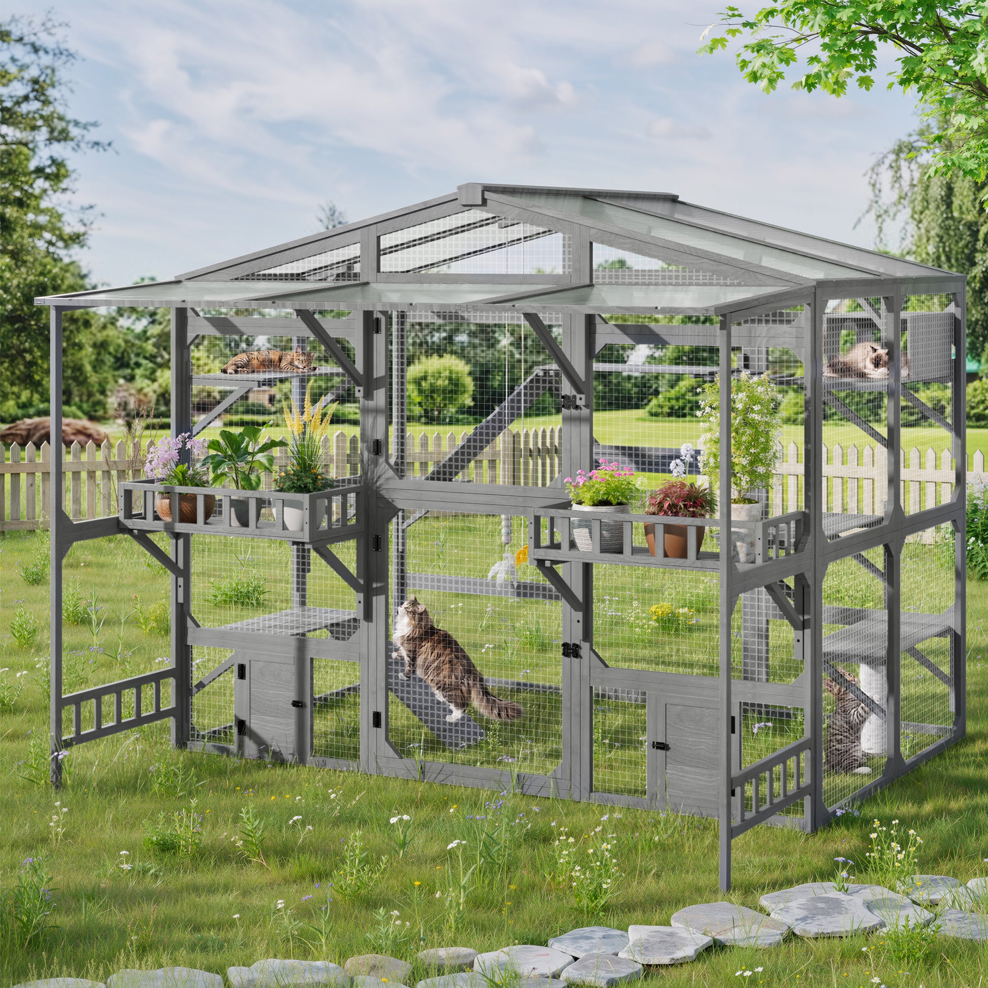 Large Outdoor Catio for 6-10 Cats, Pine Wood Cat Cage Outdoor with Weatherproof Roof, 6 Platforms, Climbing Ramp, 1 Resting Box and Cat Scratching Post, Outdoor Cat House with Storage Shelves, Grey image 1
