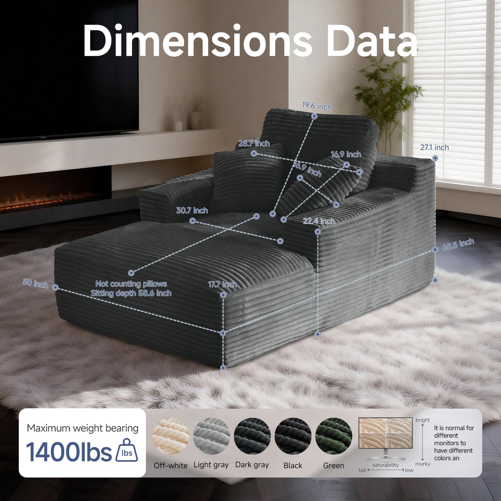 Chaise Lounges,Dark Grey Striped Corduroy Oversized Chaise Sofa, Vacuum Compression Armless Single Lounge Chair with Pillows image 2