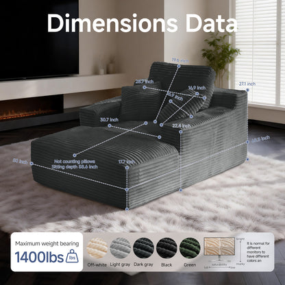 Chaise Lounges,Dark Grey Striped Corduroy Oversized Chaise Sofa, Vacuum Compression Armless Single Lounge Chair with Pillows image 2