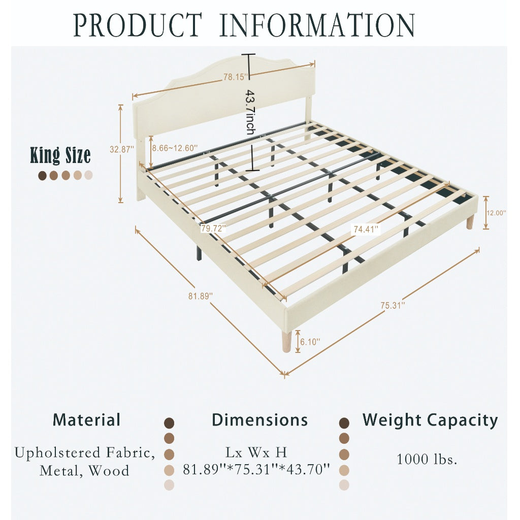 King Size Bed Frame Upholstered Platform Bed with Adjustable Headboard,Linen Fabric Padded,Modern Simple Style Platform Bed No Box Spring Needed, Easy Assembly, Beige image 5