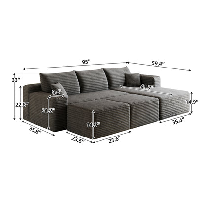 95" Cloud Sectional Sofa with 2 Ottoman,Modern Minimalist Upholstered Couches, Comfort U Shaped Sofa for Living Room,Deep Seat Corner Couch,No Assembly Required,Dark Grey(Plush Corduroy Fabric) image 8