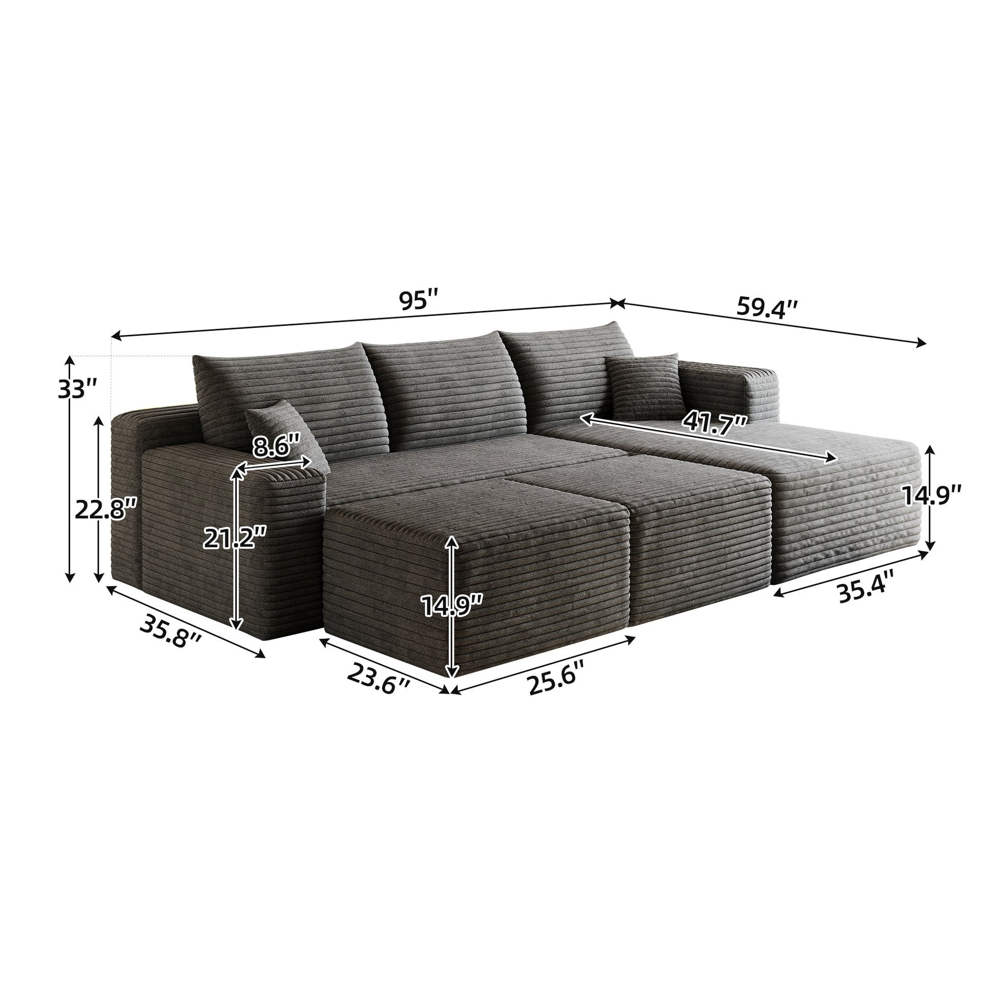 95" Cloud Sectional Sofa with 2 Ottoman,Modern Minimalist Upholstered Couches, Comfort U Shaped Sofa for Living Room,Deep Seat Corner Couch,No Assembly Required,Dark Grey(Plush Corduroy Fabric) image 8