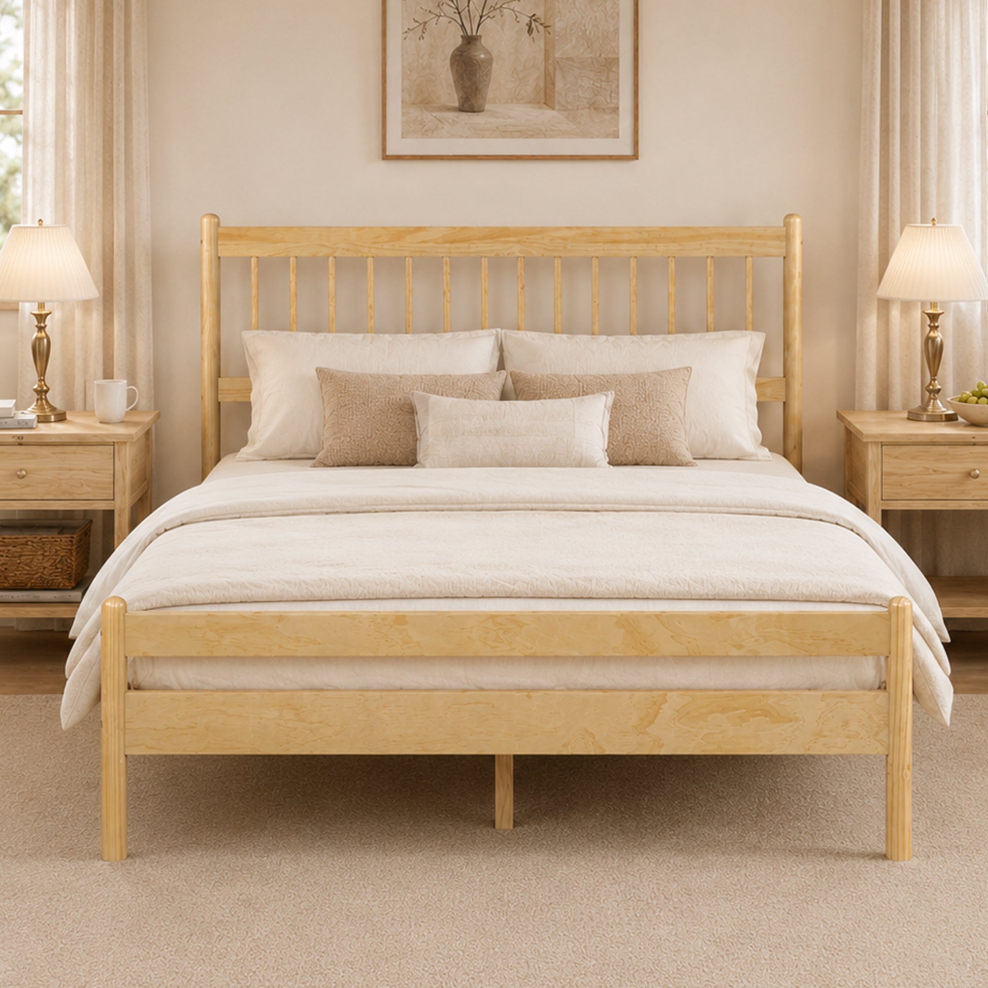 Traditional Style Queen Size Bed with Headboard and Footboard, Pinewood Bed with Strengthened Bed Frame,Walnut,Natural image 1