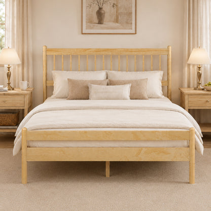 Traditional Style Queen Size Bed with Headboard and Footboard, Pinewood Bed with Strengthened Bed Frame,Walnut,Natural image 1