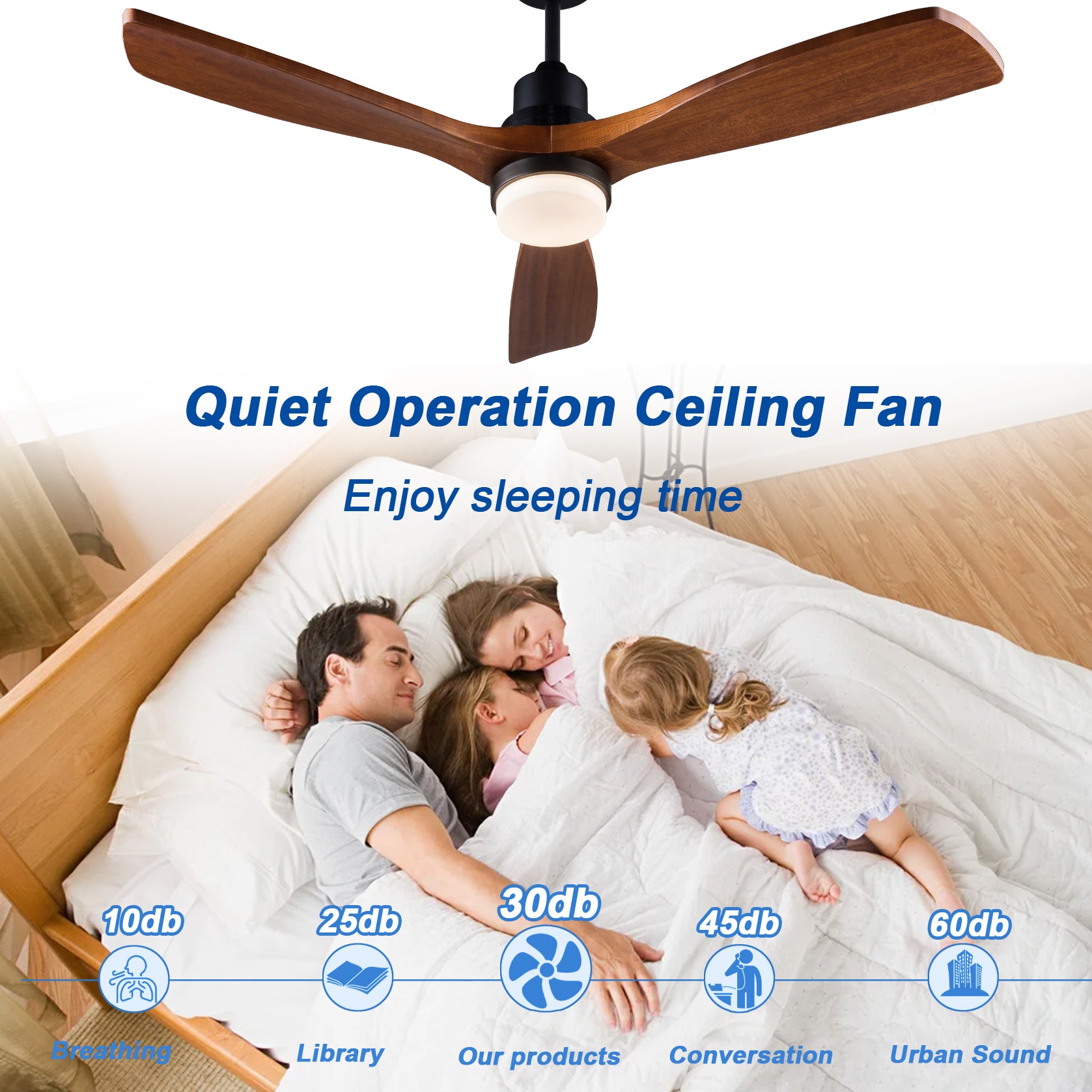 52 inch Ceiling Fan with Lights and Remote Control, Reversible, 3 Wood Blades, 6 Speeds, 3CCT Dimmable, Noiseless, Indoor/Outdoor Black Walnut Ceiling Fan for Bedroom Living Room Gazebo Patio image 5