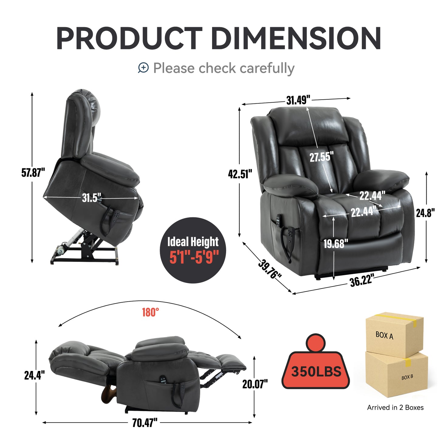 Dual Motor Infinite Position Up to 350 LBS Electric Medium size Leatheraire Grey Power Lift Recliner Chair with 8-Point Vibration Massage and Lumbar Heating image 2