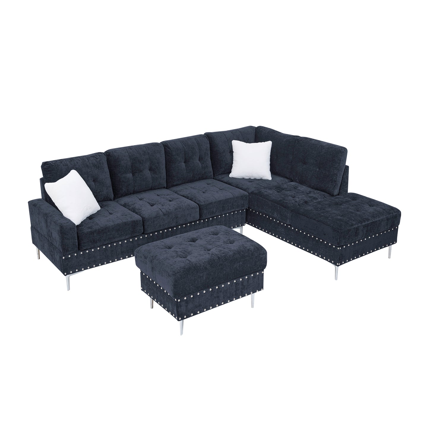 Sectional 3-Seaters Sofa with Chaise, Storage Ottoman, Metal Legs and Copper Nails,Two White Pillows,Navy Bule(102" x 76" x35") image 11
