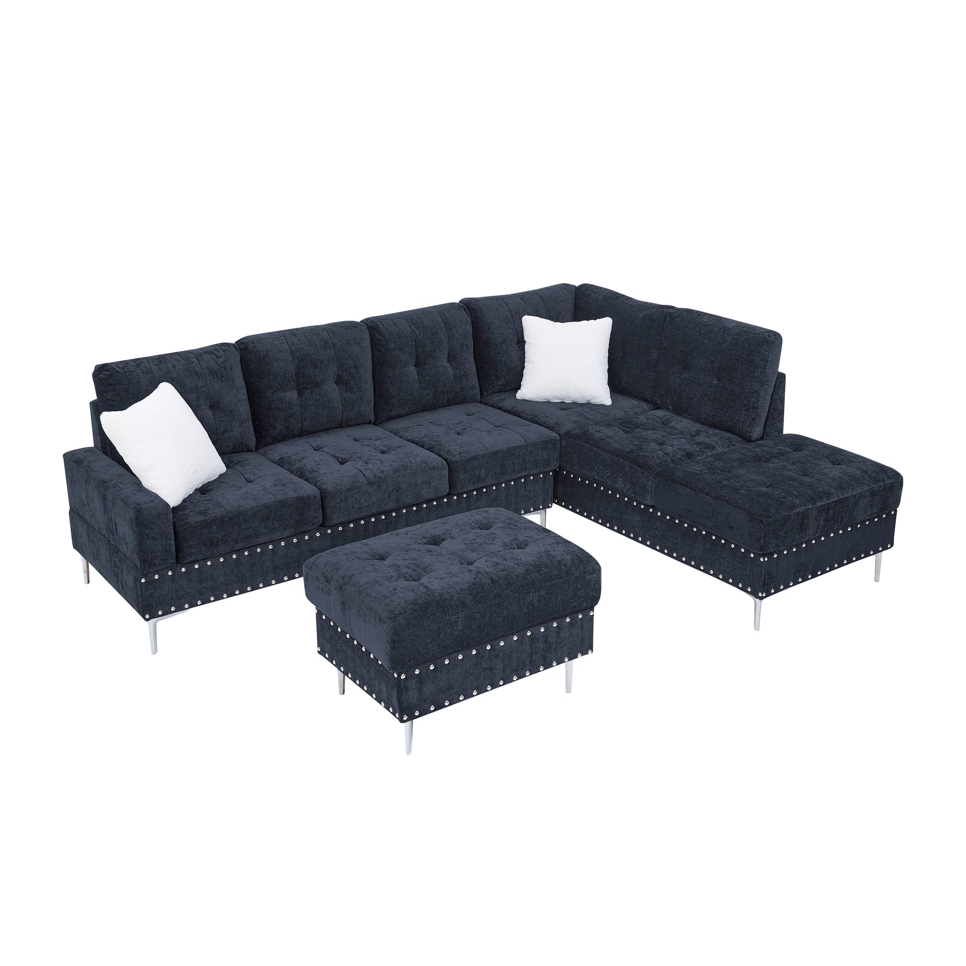 Sectional 3-Seaters Sofa with Chaise, Storage Ottoman, Metal Legs and Copper Nails,Two White Pillows,Navy Bule(102" x 76" x35") image 11