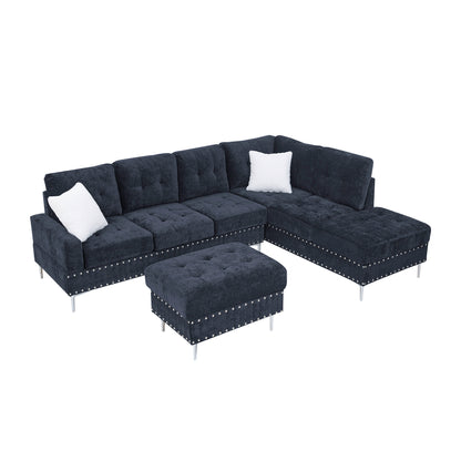 Sectional 3-Seaters Sofa with Chaise, Storage Ottoman, Metal Legs and Copper Nails,Two White Pillows,Navy Bule(102" x 76" x35") image 11