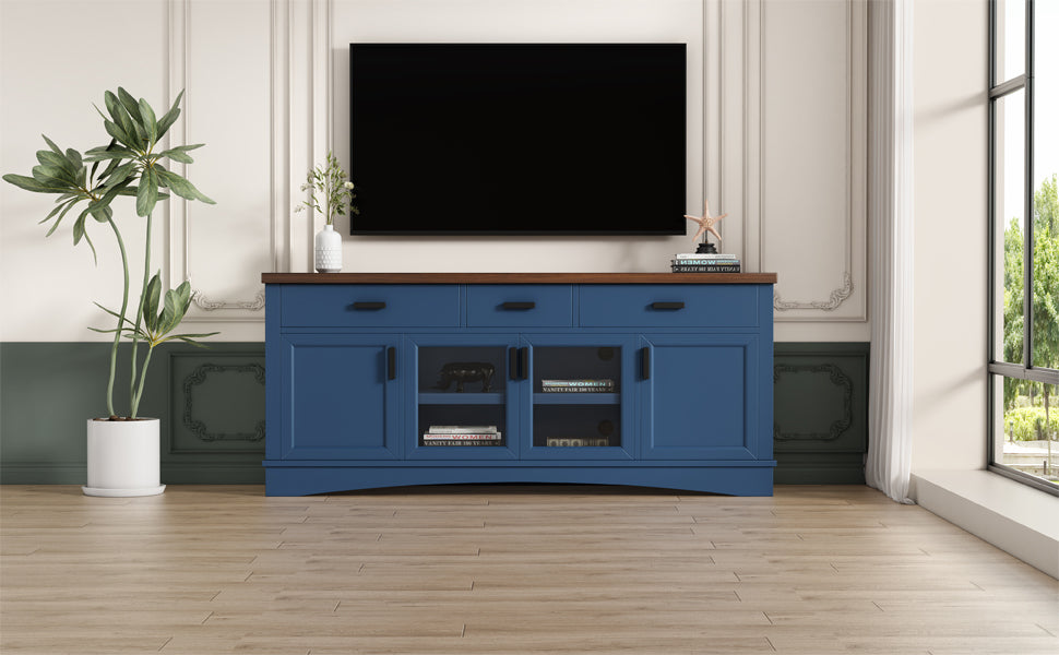 Modern Blue TV Console, 67" Width TV Stand, Glass Doors & Storage Drawers, Adjustable Shelves (Old SKU:N779P296233B) image 8
