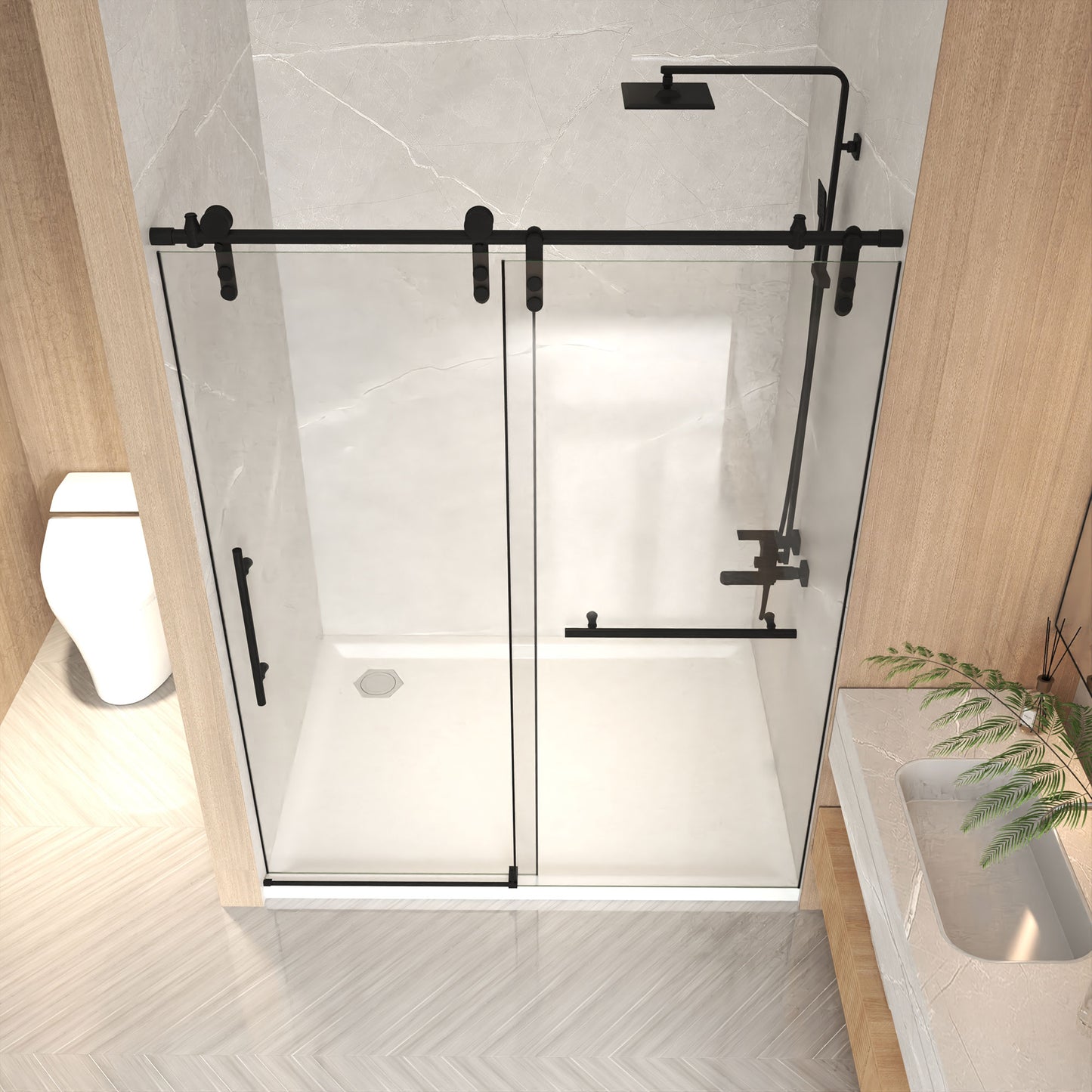 50-54" x 76" H Frameless Sliding Shower Door, 5/16" (8mm) Clear Tempered Glass, Stainless Steel Frame,Matte Black image 3