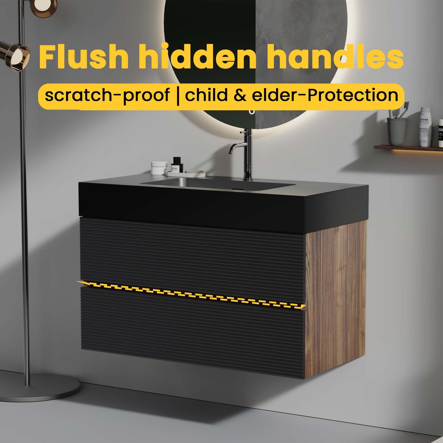 Grace 36" Walnut Bathroom Vanity with Matt Black Engineered Quartz Sink and Soft Black Drawers, Wall Mounted Floating Bathroom Vanity for Modern Bathroom, without drainage and faucet, KD image 4