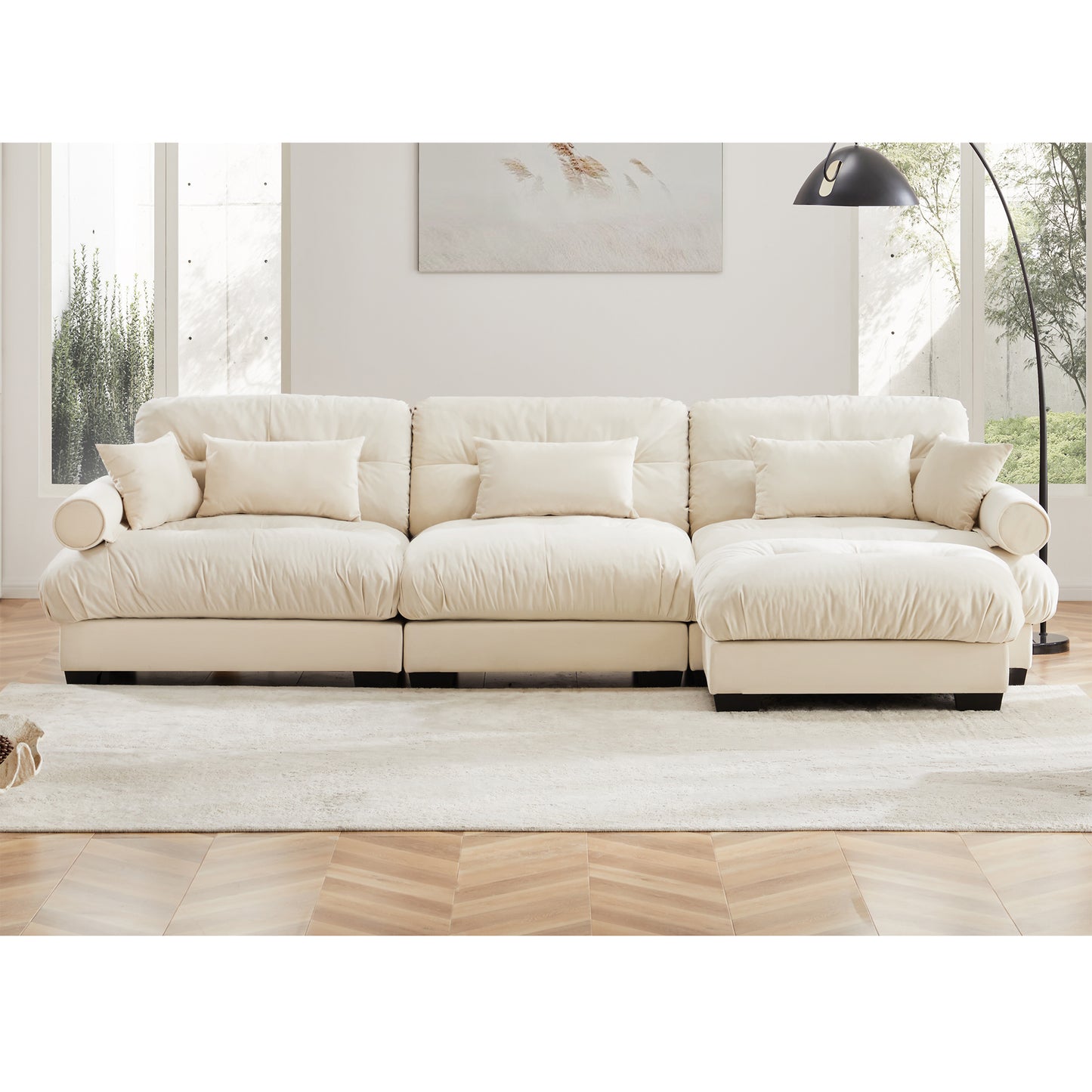 Super Comfort Oversized Modular Velvet Sectional Sofa Couch with Movable Ottoman,Corner Sectional with Bolstered Armrests, Deep Seat Cloud Couch, Convertible L Shaped Couch for Living Room Cream image 3