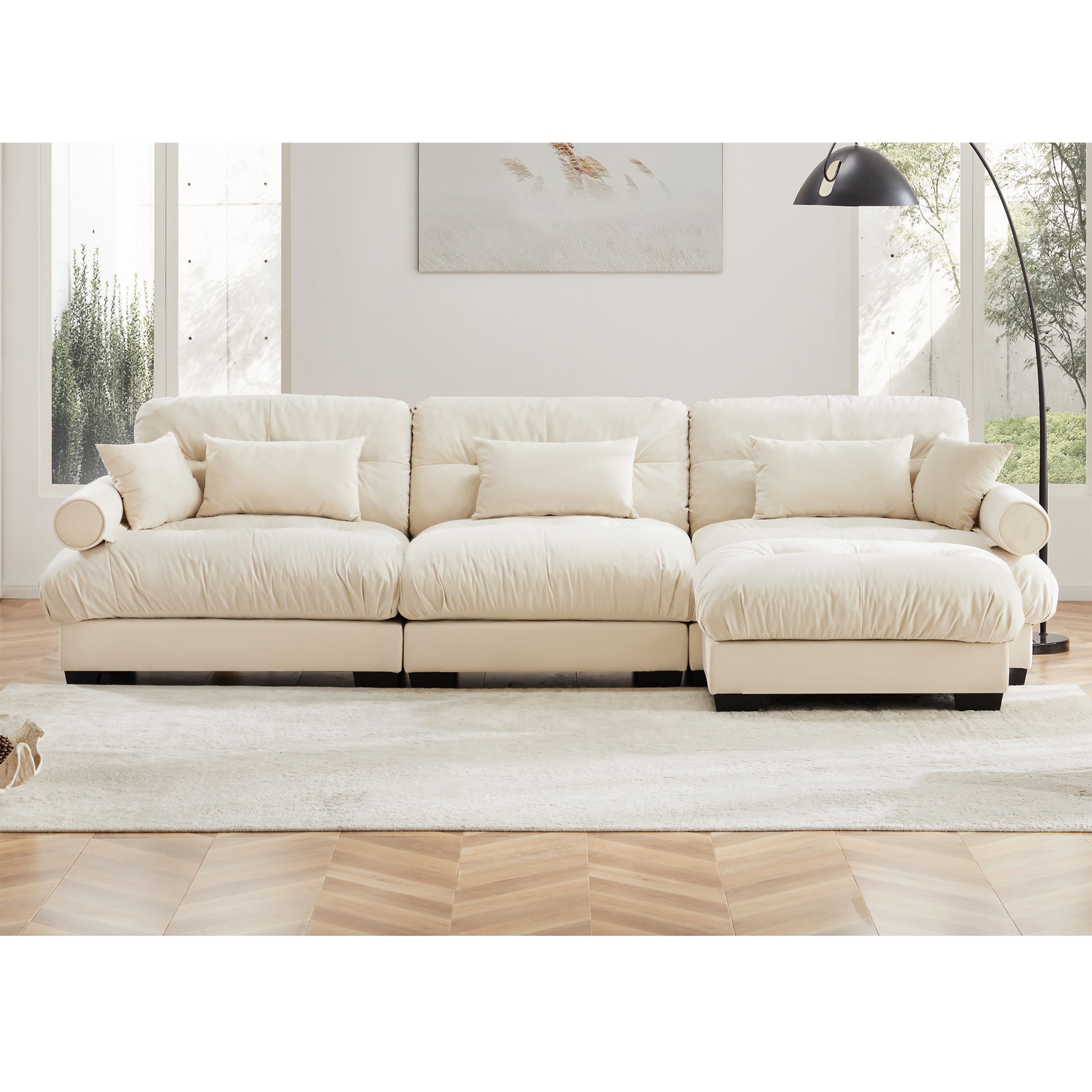 Super Comfort Oversized Modular Velvet Sectional Sofa Couch with Movable Ottoman,Corner Sectional with Bolstered Armrests, Deep Seat Cloud Couch, Convertible L Shaped Couch for Living Room Cream image 3
