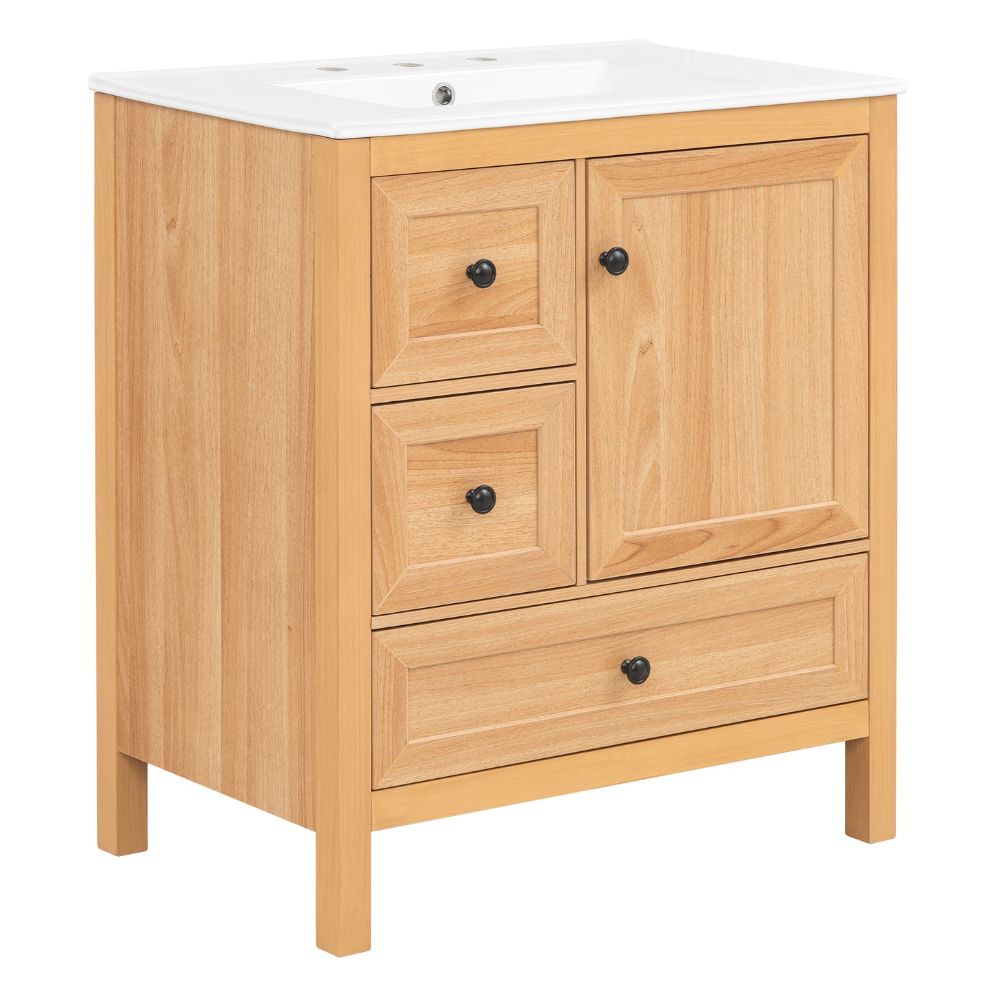[Video] 30" Wood Grain Bathroom Vanity with Ceramic Sink, Solid Wood Legs, Adjustable Shelf & Full Soft-Close Drawers & Door, Storage Rack, Open Back Design image 11