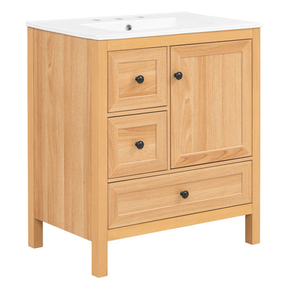 [Video] 30" Wood Grain Bathroom Vanity with Ceramic Sink, Solid Wood Legs, Adjustable Shelf & Full Soft-Close Drawers & Door, Storage Rack, Open Back Design image 11