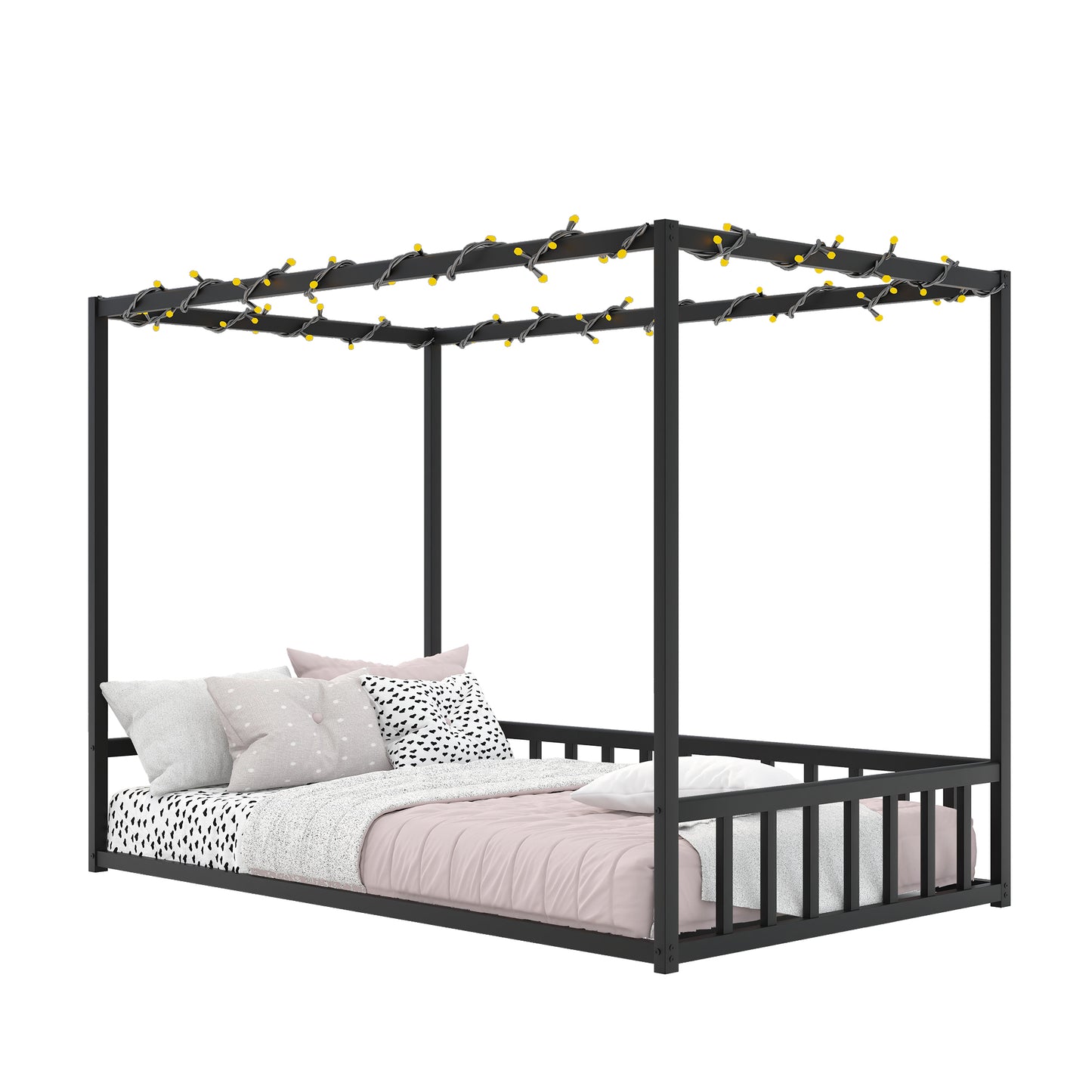 Twin size sunshade floor bed, iron double-size bed frame, modern low-profile double-size bed, equipped with fence-style guardrails, black series image 4